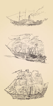 vintage engraved ship sailfish set  illustration