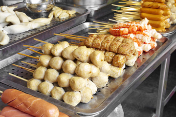 close up meatball grilled in market