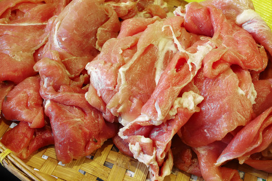 close up raw pork in market