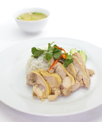 Delicious Hainanese boiled Chicken Rice and soup