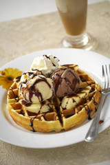 close up waffle and icecream in natural light