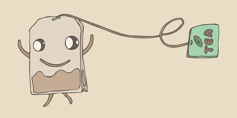 happy character tea bag, vector illustration, hand drawn