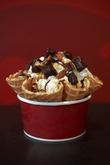 close up vanilla icecream and chocolate on red background