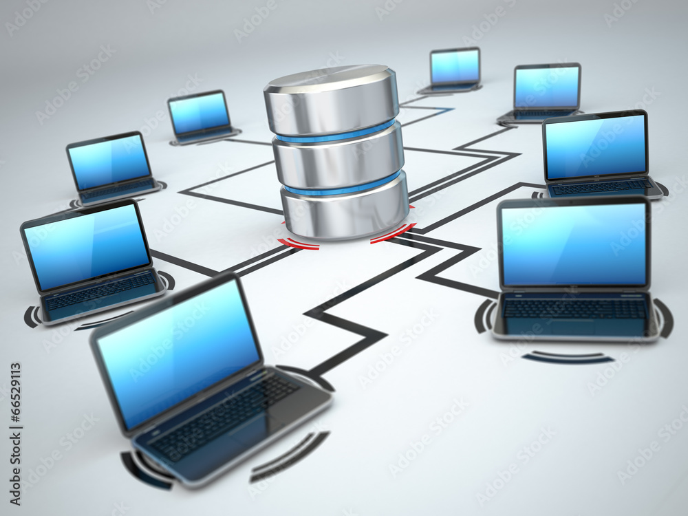 Poster Database storage and laptops. Networking concept