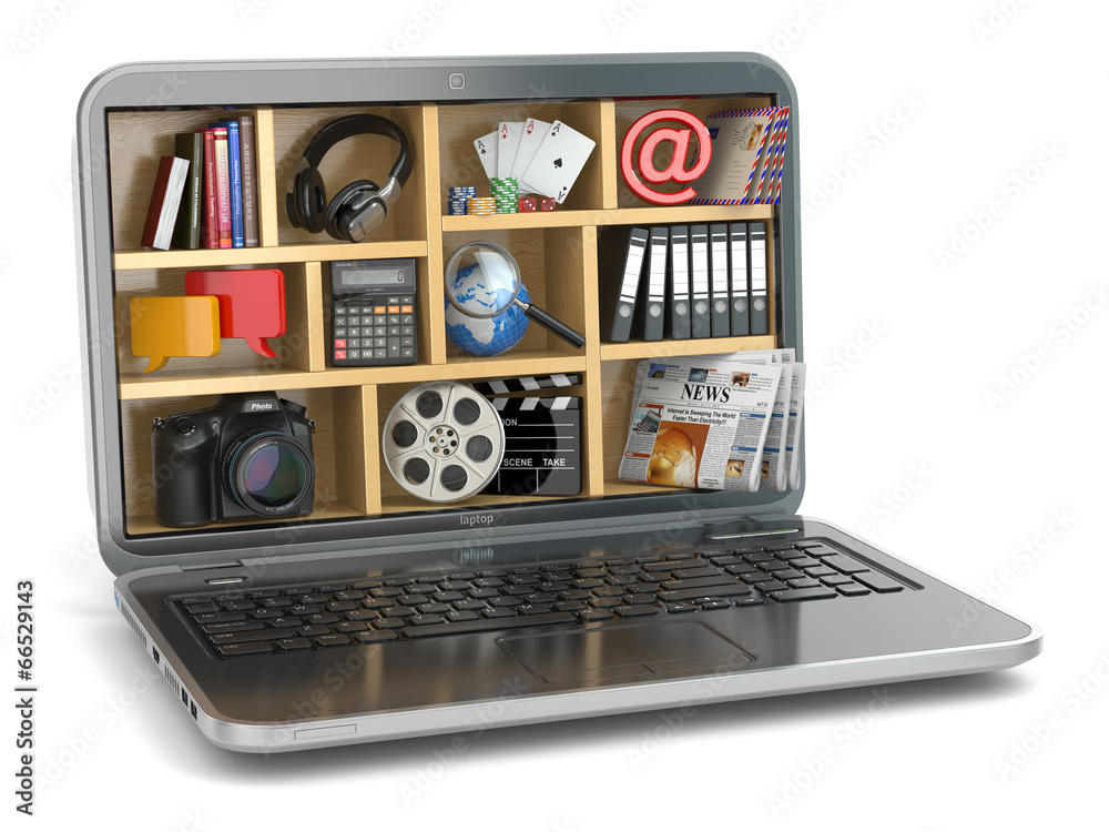Poster Cloud computing concept. Laptop's software and capabilities.