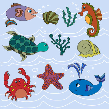 Set of cute sea animals.