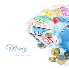 Piggy bank and various money
