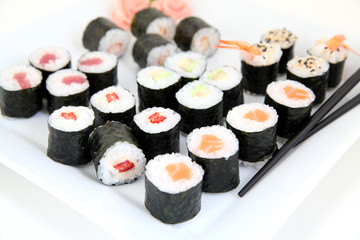 hosomaki sushi set on white plate. Traditional japanese sushi