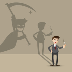 cartoon businessman smoking with death shadow on wall
