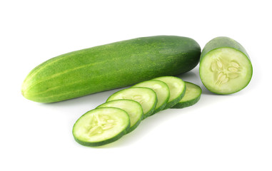 Cucumber and slices isolated over white background