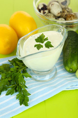 Cucumber yogurt in glass bowl,