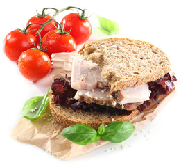 Delicious sandwiches with meet isolated on white