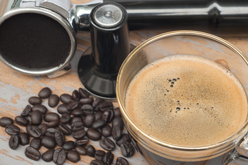 Hot coffee and coffee making equipment.