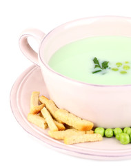 Tasty peas soup, isolated on white