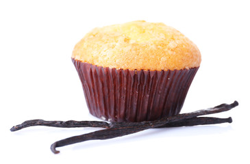 Tasty muffin and vanilla sticks isolated on white