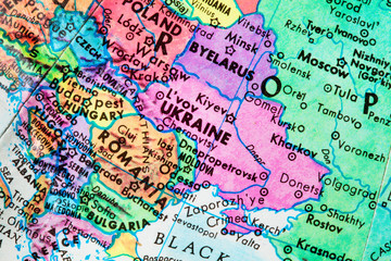 Globe map, close-up of Ukraine. Concept, Russian invasion, war and aggression. © Alex Yeung