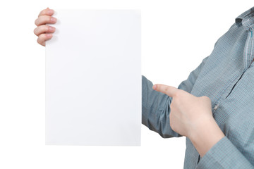 forefinger points on blank paper in female hand