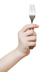table fork in hand isolated on white