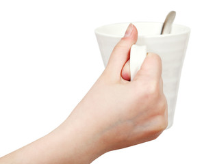 white mug in hand isolated