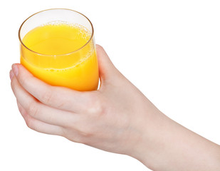 glass with orange juice in hand isolated