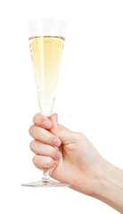 hand holds flute glass with sparkling wine