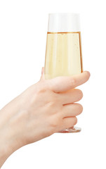 hand holds glass goblet with sparkling wine
