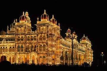 Mysore Palace in India illuminated at night