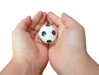 Fototapeta premium Small soccer ball in both hand on white background