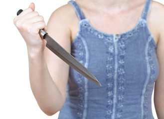 woman holding large kitchen knife isolated