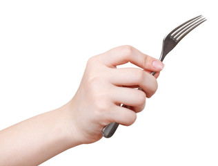 female hand with fork isolated on white