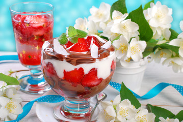 chocolate and coconut dessert with strawberries