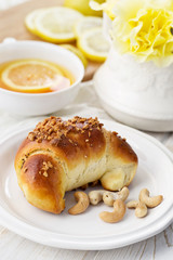 Homemade yeast croissant with poppy seeds. Delicious breakfast