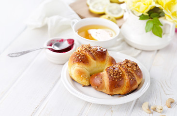 Delicious breakfast. Homemade yeast croissants