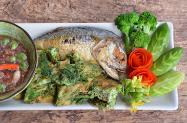 Fried Mackerel fish,chili sauce ,and fried vegetable with egg