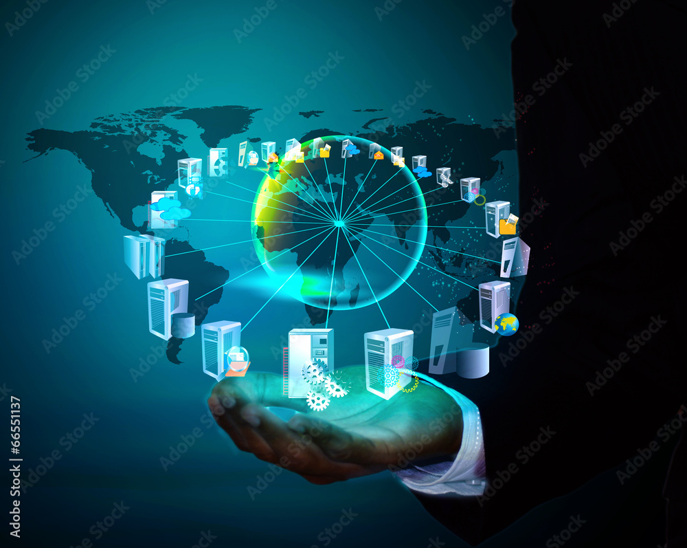 Wall mural application connectivity and integration in business man hand