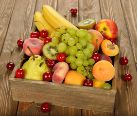 Various fruit in a wooden box