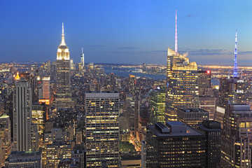 New York City skyline at dusk, USA