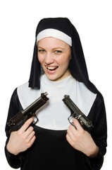 Nun with handgun isolated on white