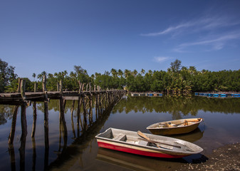Naklejka na ściany i meble fishing boat parked under palm tree and blue sky as a background