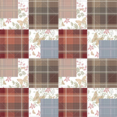 Patchwork seamless retro pattern with buterflies checkered