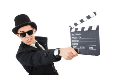 Man with movie clapper isolated on white