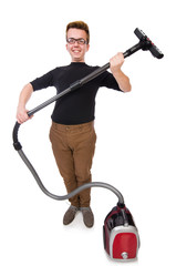 Funny man with vacuum cleaner on white