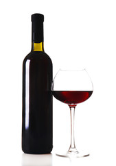 Bottle and glass of wine isolated on white