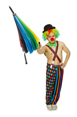 Clown with umbrella isolated on white