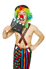 Clown with movie board on white