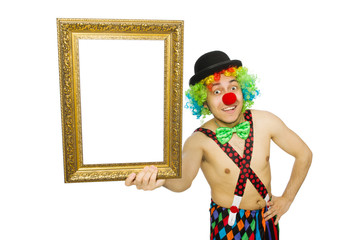 Clown with picture frame isolated on white