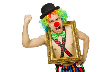Clown with picture frame isolated on white