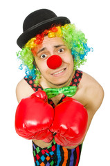 Clown with boxing gloves isolated on the white