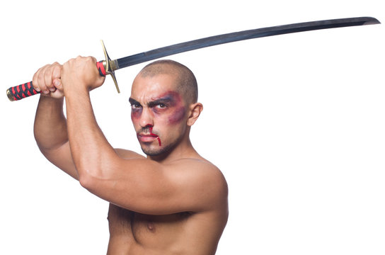 Man with sword isolated on white