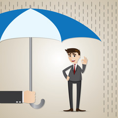 cartoon businessman under umbrella